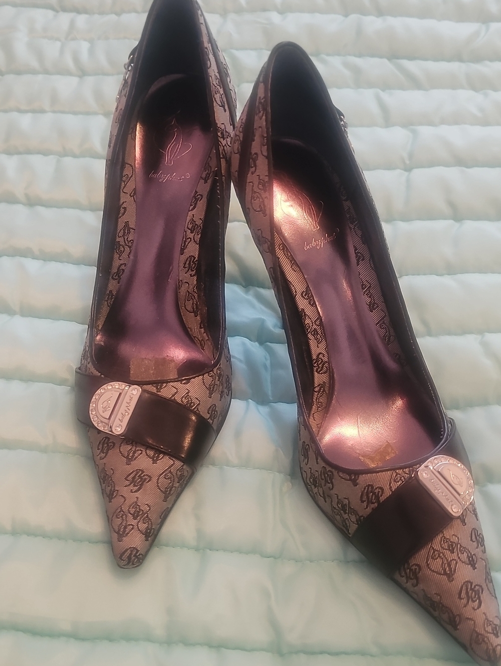 Baby Phat Beige Monogram Pointed Pumps with Black Strap and Purple Insole